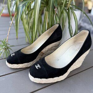 CHANEL Black Suede Espadrille Wedge Pumps